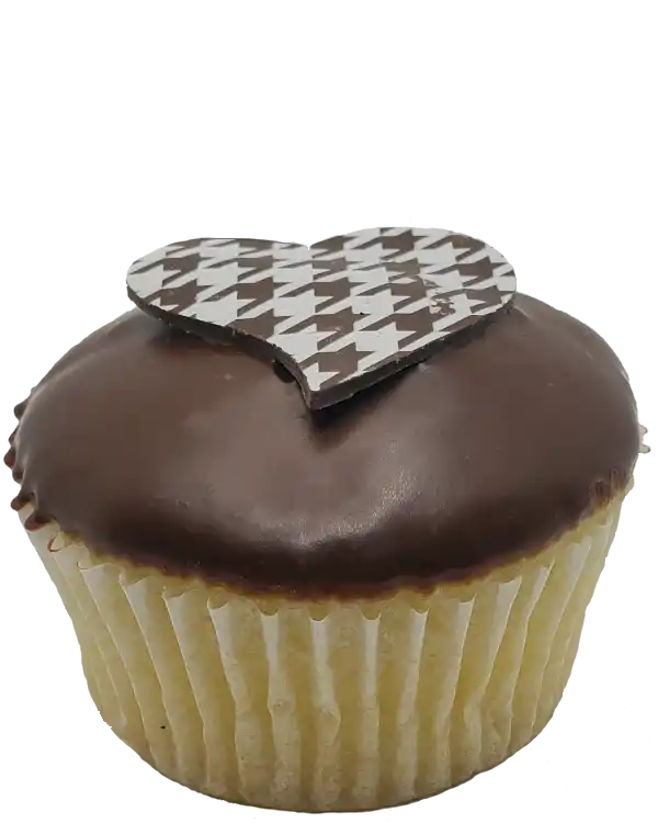 Vanilla cupcake topped with dark chocolate ganache and a chocolate wafer.