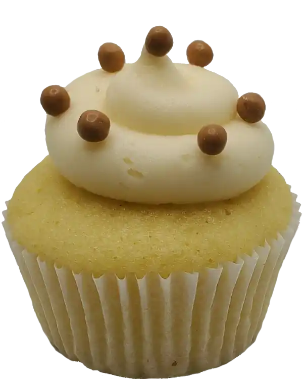 Vanilla cupcake filled with creamy Dulce de leche filling, covered with vanilla icing and topped with caramel crisp pearls.