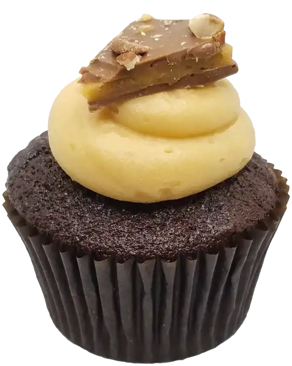 Chocolate cupcake topped with caramel-infused icing and a piece of our own in-bakery-made chocolate-covered brittle.