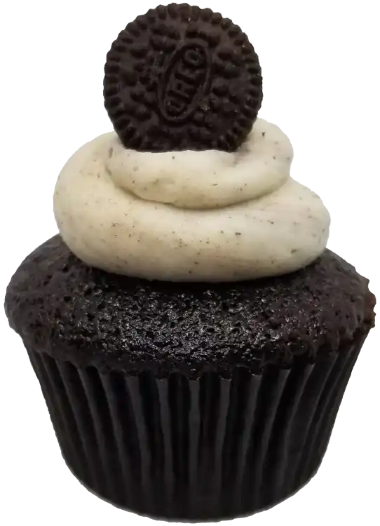 Chocolate cupcake topped with oreo/vanilla and a mini oreo cookie.