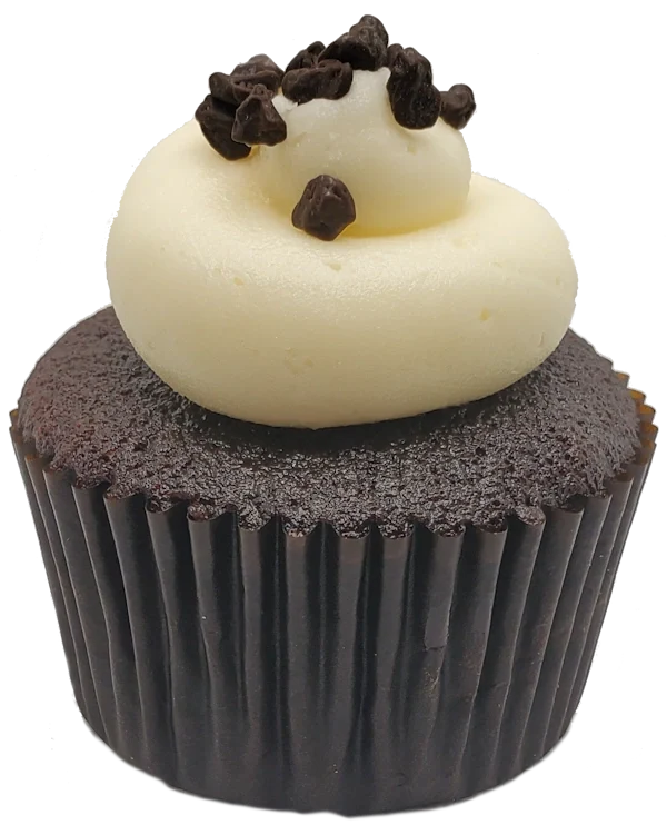 Chocolate cupcake filled with chocolate ganache, topped with vanilla frosting and chocolate rocks.