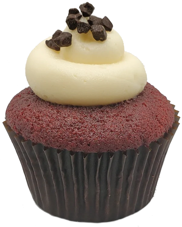 Classic US southern red velvet cupcake, chocolate ganache filling, topped with vanilla frosting and chocolate rocks.