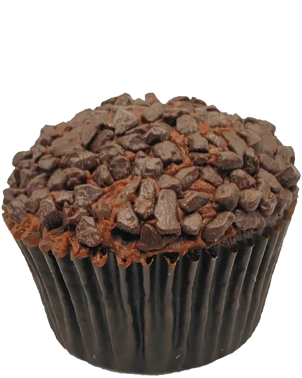 Chocolate cupcake filled with chocolate ganache, topped with more chocolate ganache and chocolate rocks.