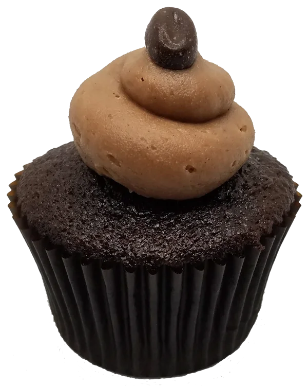 Chocolate cupcake with mocha frosting, topped with a dark chocolate coffee bean.