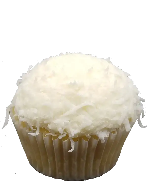 Vanilla cupcake with vanilla frosting topped with flaked coconut.