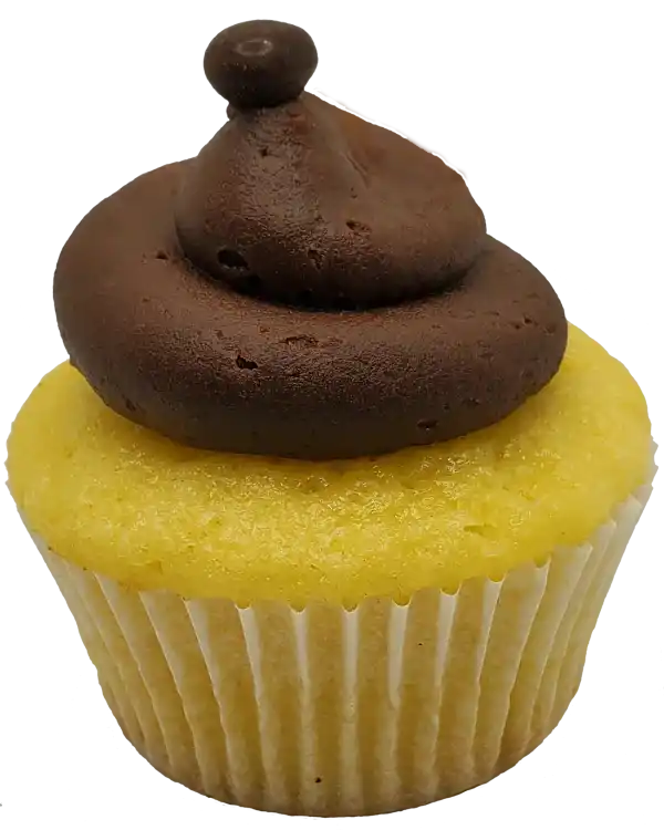 Vanilla cupcake topped with chocolate frosting and a tri-colour Callebaut chocolate ball.